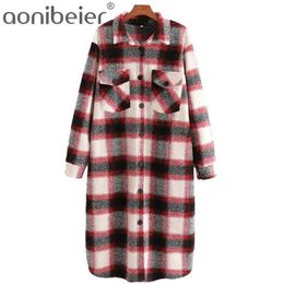 Autumn Winter Casual Long Wool Coat Women Vintage Plaid Warm Jacket Outwear Female Loose Chic Overcoat Ladies Tops 210604