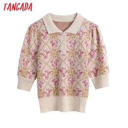 Women Flowers Pattern Knitted Sweater Jumper Short Sleeve Turn Down Collar Female Pullovers Chic Tops BE305 210416