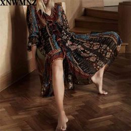 women vintage cloth patchwork print ruffles vestido dress female totem floral pleat midi dresses 210520