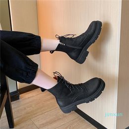 Wholesale-Boots Women Natural Leather Round Toe 4cm Med Heels Cross-tied Lace Up Side Zip Pretty Girls Dating Classic Style