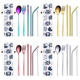 hot 7 Pieces Portable Dinnerware Straw Set Korean Cutlery Set Stainless Steel Tableware Set Kitchen Tools With Cloth bag Flatware