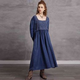 Johnature Women Vintage Hollow Out Dresses Fake Two Piece Set Lantern Sleeve Denim Cotton Spring Blue Loose Dresses 210521