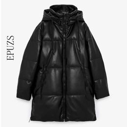 Winter Hooded Padded PU parka women Faux leather down jacket female loose zipper overcoat casual warm long coats 211130