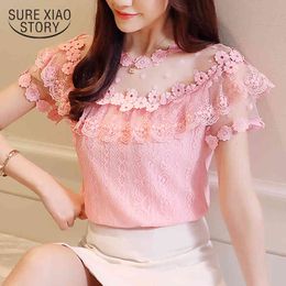 Sexy Hollow Blouse Shirt Fashion Short Sleeve Summer Women Tops Floral Lace Women's Clothing Blusas 0051 30 210415