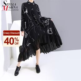 New Woman Plus Size Autumn Long Sleeve Black Vintage Shirt Dress Printed Chiffon Ruffles Lady Casual Dress Robe Loose Style 6505 210409