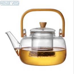 Thickened Glass Tea Pots Heat-Resistant Kettle with Bamboo Handle Can Be Used Electric Ceramic Stove Boiling Flower Pot 210813