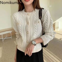 Nomikuma Pearl Buttons Single Breasted Cropped Cardigan Women O Neck Long Sleeve Twist Vintage Sweater Female Sueter Mujer 3c524 210514