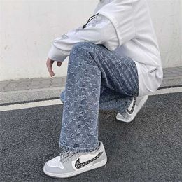 TFETTERS Printed Jeans Mens Straight Lift Pattern Loose Wide Leg Torre Casual Boyfriend Pants Men Clothing 211111