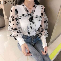 Lace Up Bow Women Blouses Mesh Print Floral Spring Blusas Mujer Vintage Slim Korean Fashion Shirts Tops 210415