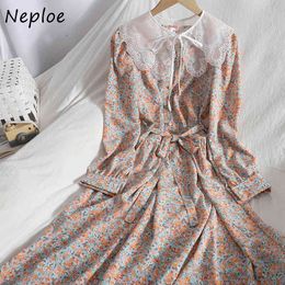 Neploe Lace Patchwork Elegant Dress Women High Waist Hip Sashes A Line Vestidos Peter Pan Collar Long Sleeve Pullover Robe 210423