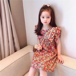 Summer cute baby girls floral flying sleeve dresses 1-6 years kids cotton casual princess dress 210615