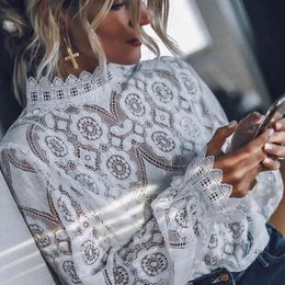 Women Casual Elegant Lace Hollow Out Blouse Long Sleeve Stand Collar Solid Office Lady Shirt Autumn New Fashion Women Tops 210412