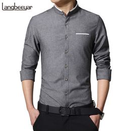 Fashion Casual Men Shirt Long Sleeve Mandarin Collar Slim Fit Korean Business s Dress s Clothes M-5XL 210721