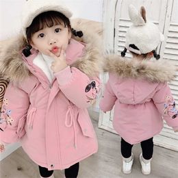 Baby Winter Girls Fur Hooded Trench Coats Warm Clothes Children Kids Girl's Winterjas Fleece Jacket Parka 2 3 4 5 6 7 Years 211203