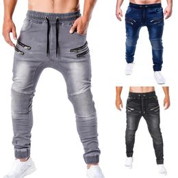 Men's Jeans 2021 Fashion Zipper Drawstring Pocket Running Tights Jogging Pants Sports