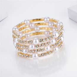 Women Fashion Bangle Multi Layer Pearl Bracelets Stylish Wrap Elegant Female Wedding Jewelry