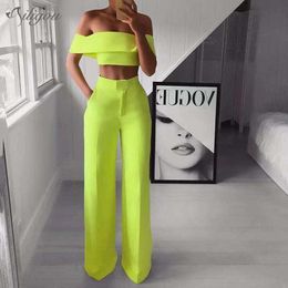 Arrival Women's Neon Sexy Off-Shoulder Tube Top and Wide Leg Pants 2 Piece Celebrity Party Set 210527