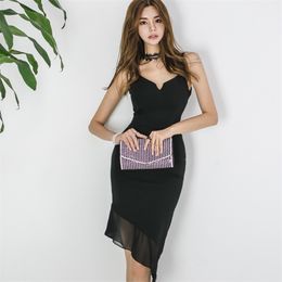 irregular Dress Korea Ladies Summer Black Sleeveless V neck Sling Lace Sundress Club Office Dresses for women Clothing 210602