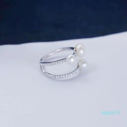 Cluster Rings SOELLE Fashion Real 925 Sterling Silver 3 Natural Pearls Line Finger Ring Micro Zirconia Stones Women Brand Fine Party Jewellery