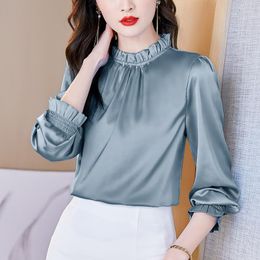 Women's Blouses & Shirts Edible Tree Stand Collar Elegant Blouse Women Puff Sleeve Satin Plus Size Solid Color Top Female Office OL S