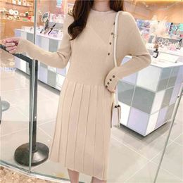 Korean Version Of The Ruffled Large Size Dress Autumn Fashion Long Sleeve Buckle Knit Skirt Female Loose Wild 210427