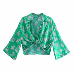 ZA Knotted Print Cropped Shirt Women Long Sleeve Asymmetric Hem Green Shirts Feminine Chic Loose Summer Blouses Tops Mujer 210602