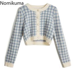 Nomikuma Vintage Plaid Knitted Cardigan Korean Short Knit Women Coat Autumn Long Sleeve O-neck Sweet Crop Top Sweater 6D016 211011