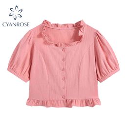 Summer Ruffle Design Cardigan Blouse Women Pink Puff Short Sleeve Retro Sweet Crop Shirts Tops Korean Stylish E-Girl Slim Blusas 210417