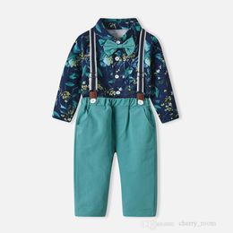 baby boys Printed clothing sets infant flower long sleeve shirt handsome suspenders Trousers 2pcs suits birthday Christmas newborn first year outfits S1814