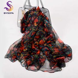 [BYSIFA] Ladies Red Black Silk Scarf Shawl New Floral Design Spring Fall Long Scarves 170*105cm Elegant Thin Neck Scarves Q0828