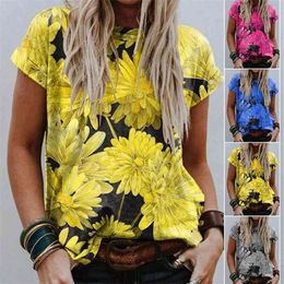 Summer New Chrysanthemum Print Round Neck Short Sleeve Casual Comfortable Loose T-shirt Top 210330
