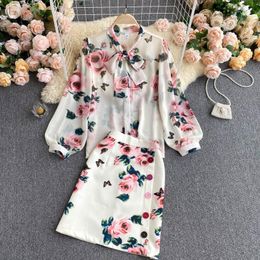 Women Summer Gorgeous Pink Rose Printed Two Piece Sweet Bow Collar See Through Chiffon Shirt Top + Colorful Button Skirt Set 210416