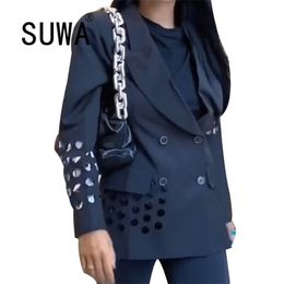 Autumn est Women Blazer V -Neck Long Sleeve Hollow Out Double Breasted Top All Black White Coat Nightclub Party Wear 210525