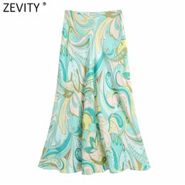 Zevity Women Vintage Totem Floral Print Casual A Line Skirt Faldas Mujer Female Back Zipper Chic Summer Midi Vestido QUN795 210629