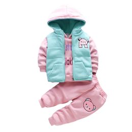 Baby Boys Girls Christmas Cartoon Winter Hooded Plush Warm Vest Coat+Sweatshirt+Pants 3Pcs Infant Children Sports Suit 211224