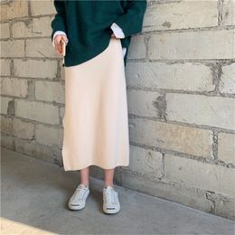 Women High Quality Casual Waist Slim Knitted Stylish Vintage Sweet Brief Elastic All-Match Split Skirts 210421