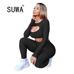 All Black Loungewear Women 2 Pieces Outfits Front Hollow Out Crop Top Tunic Jogger Leggings Tracksuit Sexy Fitness Wear 210525