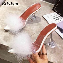 Eilyken Summer Woman Pumps PVC Transparent Feather Perspex Crystal High Heels Fur Peep Toe Mules Slippers Ladies Slides Shoes K78