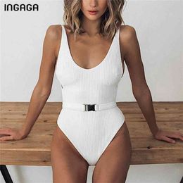 INGAGA Swimsuit High Cut Swimwear Women Solid Bathing Suits Summer Belted Beachwear Sexy Backless Bodysuit 210702
