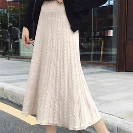 Knitted Skirt High Quality Women's Winter Waist Elastic Casual Vintage Elegant Medium Fashion s 210520