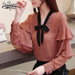 blusas mujer de moda blouses woman ladies tops chiffon women long sleeve Butterfly Sleeve V-Neck Bow Plaid shirt 5240 50 210427