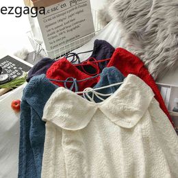 Ezgaga Sweater Women Lovely Turn-Down Collar Long Sleeve Pullover Lace Up Sweaters Solid Student Knitted Tops Fashion 210430