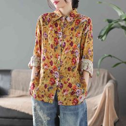 Johnature Women Vintage Linen Shirts And Tops Print Floral Button Turn-down Collar Blouses Spring Loose Female Shirts 210521