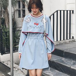 Autumn Dress Butterfly Embroidery women Batwing Sleeve O-Neck Shirt dresses Above Knee Casual Polyester Straight 210428