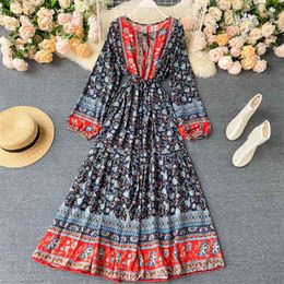 Spring Summer Autumn Women's Retro Lndie Folk Style Dress Holiday Long-sleeved Chic Sleeve Printed Long GD520 210506
