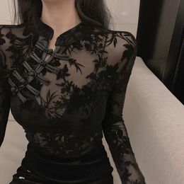 Women's Tops Blusas Mesh Embroidery Floral Lace Sexy Vintage Long-Sleeved Slim-Fit Black Transparent Women Blouse Shirts 108C 210420