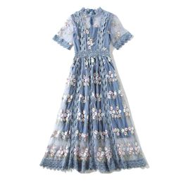 Summer Runway Flower Embroidery Dress Women's Flare Sleeve Stand Floral Blue Hollow out Embroidered Long Mesh Dresses 210416