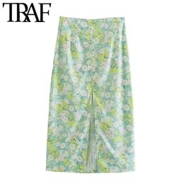 Women Chic Fashion With Covered Buttons Floral Print Midi Skirt Vintage High Waist Front Slit Female Skirts Mujer 210507