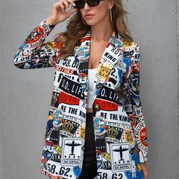 Vintage Letter Irregular Printing Blazer Women Jacket High Street Fashion Fall Plus Size Elegant Lady Coat American Stylish 210930