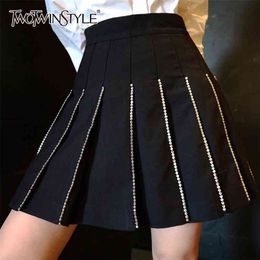 Black Patchwork Diamond Skirt For Women High Waist Pleated Mini Skirts Female Fashion Clothing Autumn 210521